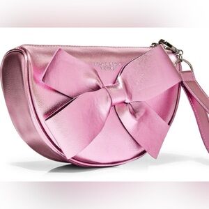 Share Bath Body Works Metallic Pink Bow Mini Cosmetic Bag Makeup Zippered Wristl
